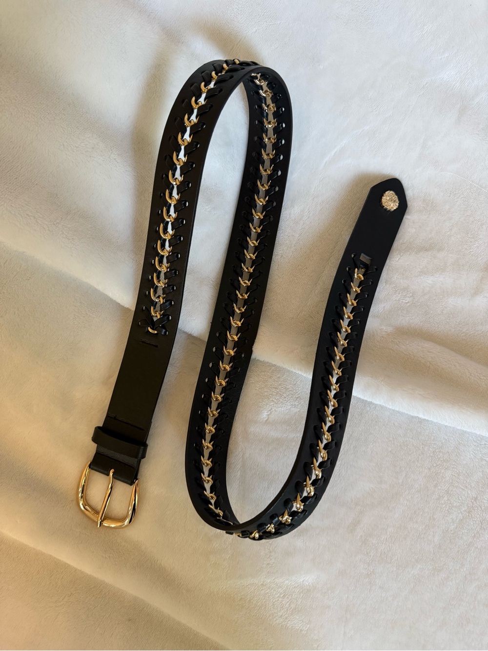 Vince Camuto Black Leather Belt with Gold Chain Weave
